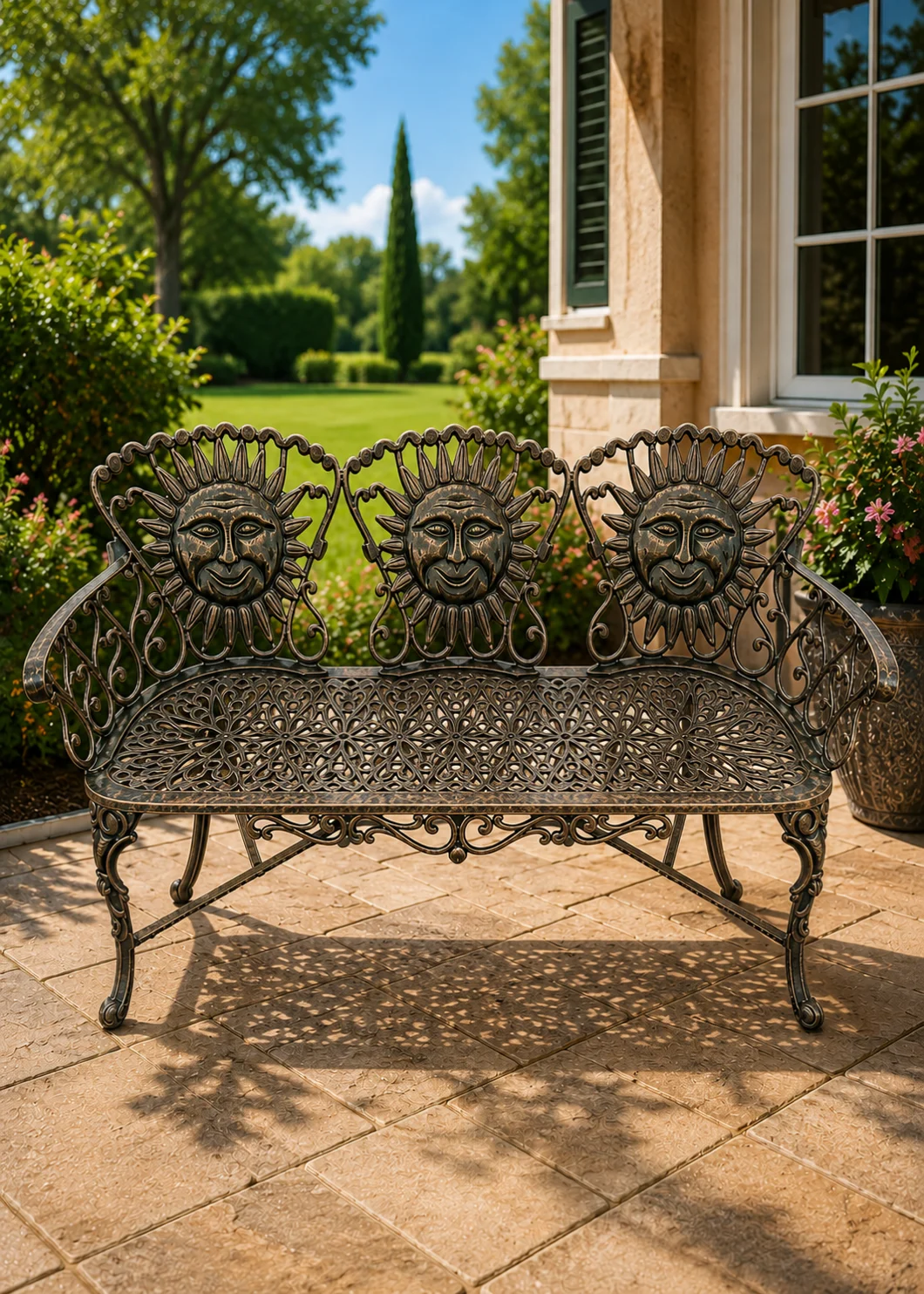 sunface cast aluminum bench in Aged Copper finish, hand-painted aluminum outdoor garden sofa bench