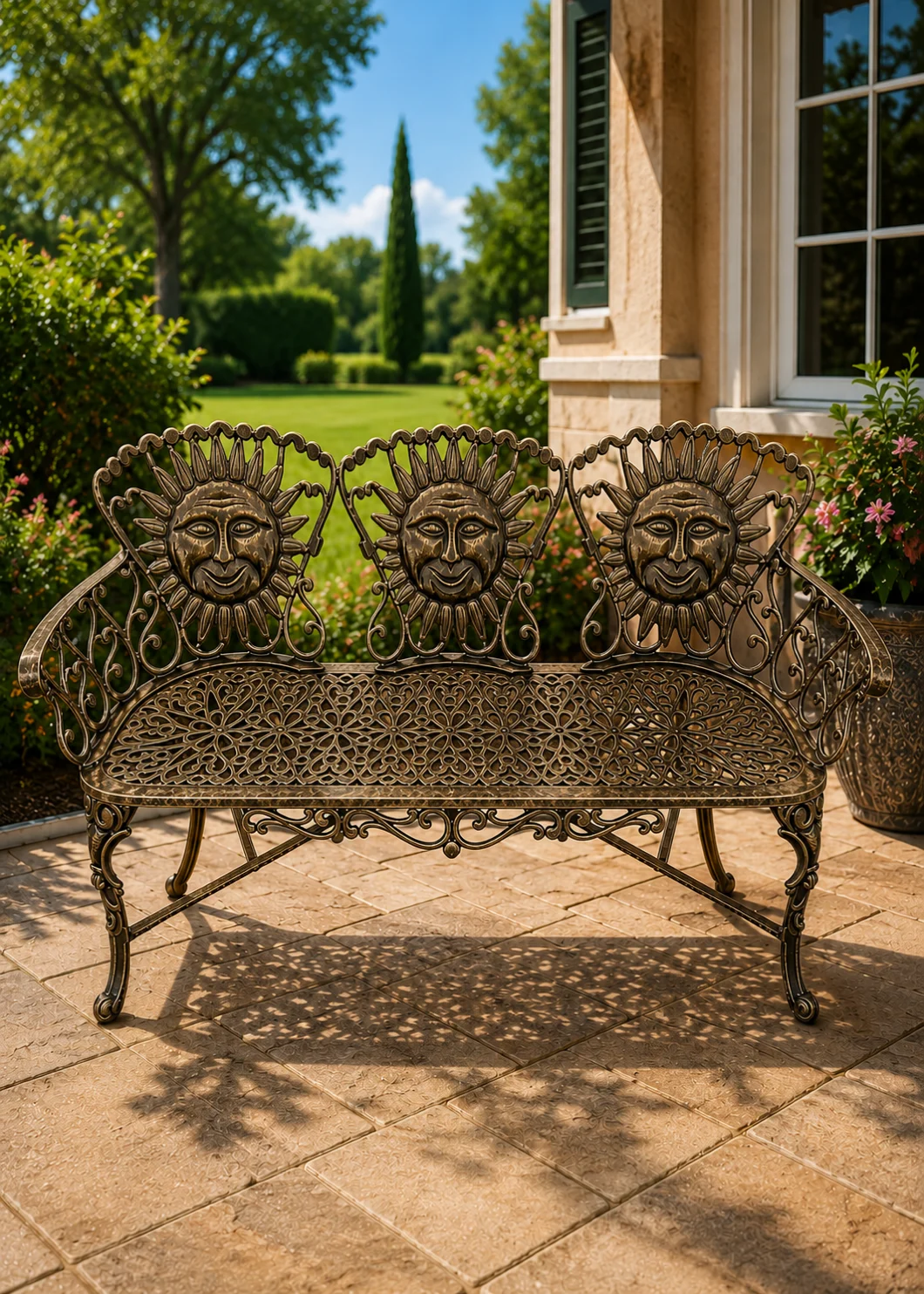sunface cast aluminum bench in Antique Bronze finish, hand-painted aluminum outdoor garden sofa bench