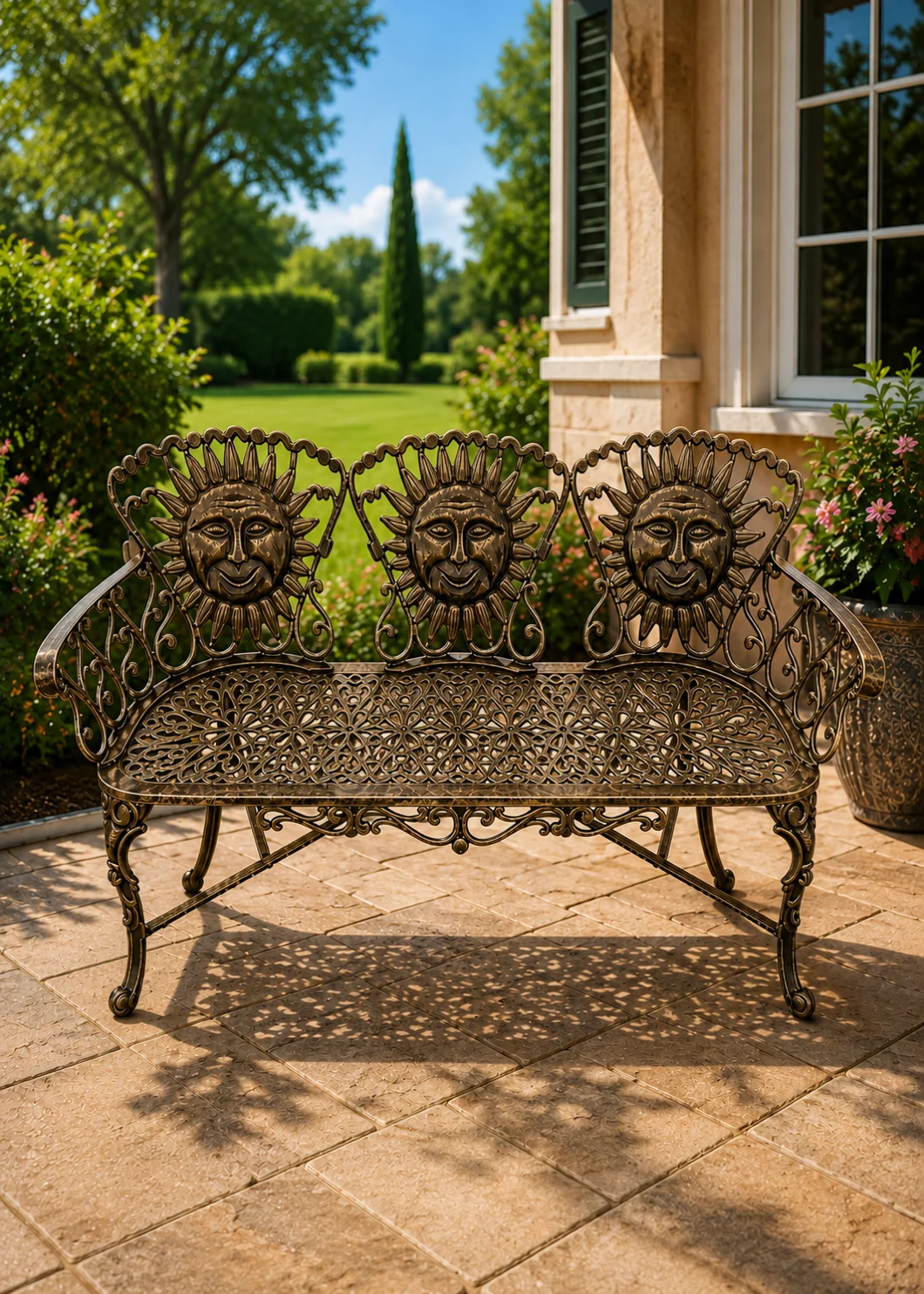 sunface cast aluminum bench in Antique Gold finish, hand-painted aluminum outdoor garden sofa bench