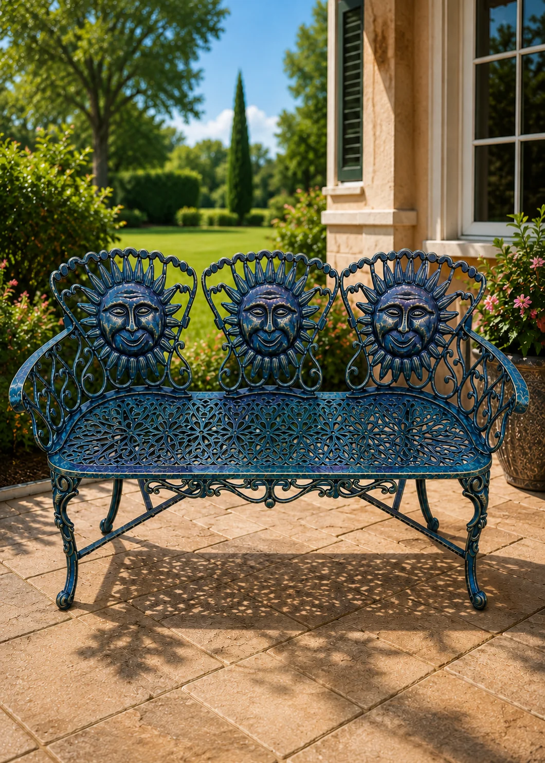 sunface cast aluminum bench in Coastal Blue finish, hand-painted aluminum outdoor garden sofa bench
