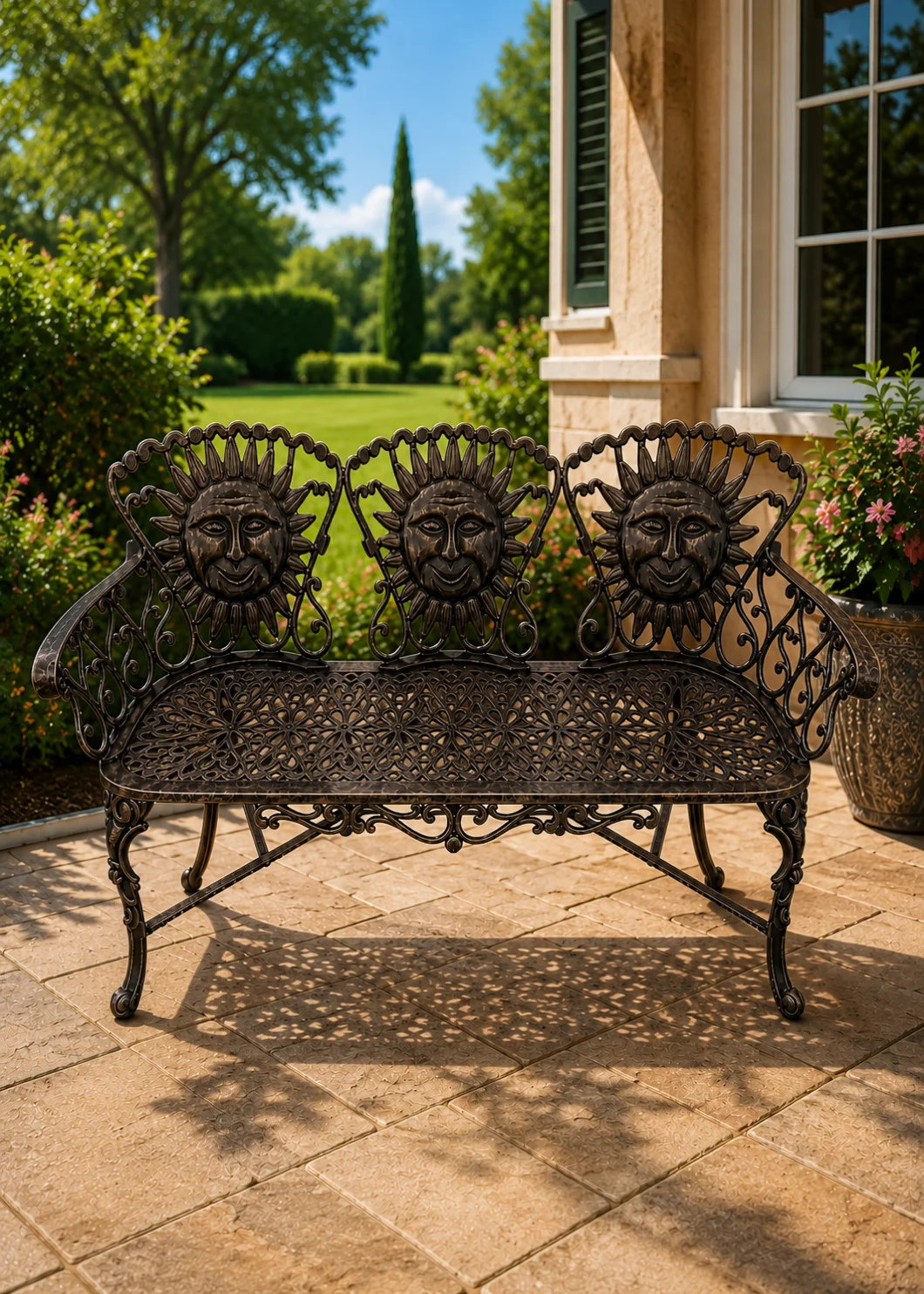sunface cast aluminum bench in Dark Bronze finish, hand-painted aluminum outdoor garden sofa bench