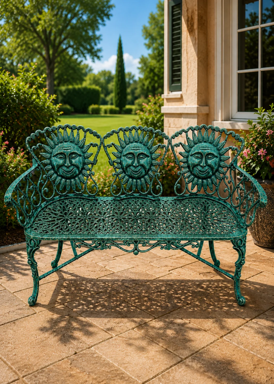 sunface cast aluminum bench in Ocean Patina finish, hand-painted aluminum outdoor garden sofa bench