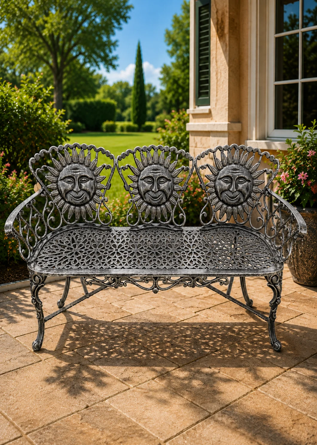 sunface cast aluminum bench in Silver Patina finish, hand-painted aluminum outdoor garden sofa bench