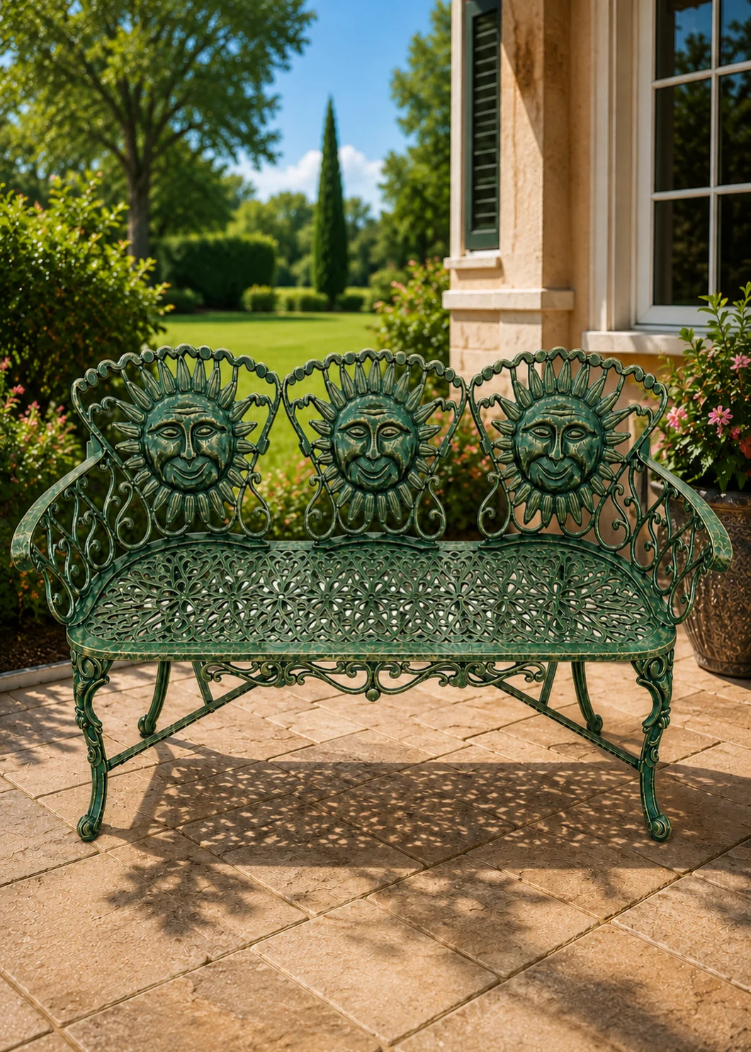 sunface cast aluminum bench in Verdigris Patina finish, hand-painted aluminum outdoor garden sofa bench