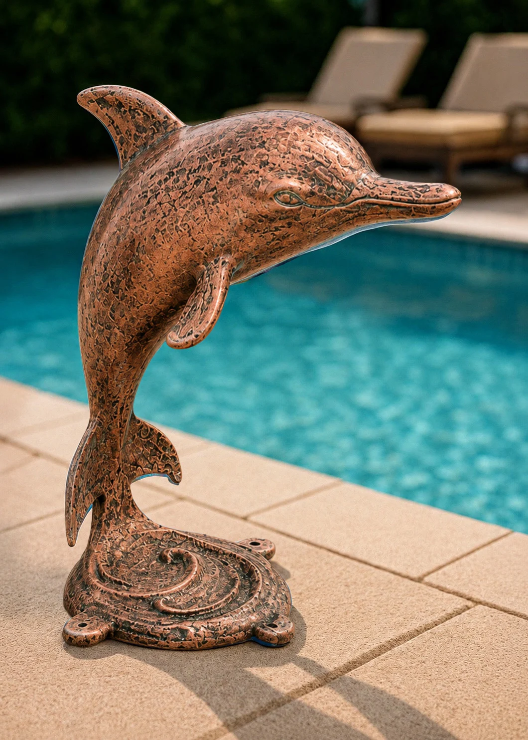 Aged Copper Dolphin Sculpture Near Pool Statues and Sculpture Shop