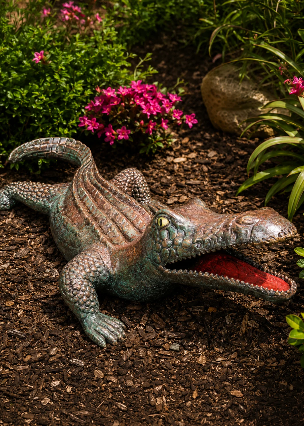 Flat Alligator Garden Statue in Aged Copper hand-painted finish displayed in a landscaped outdoor setting