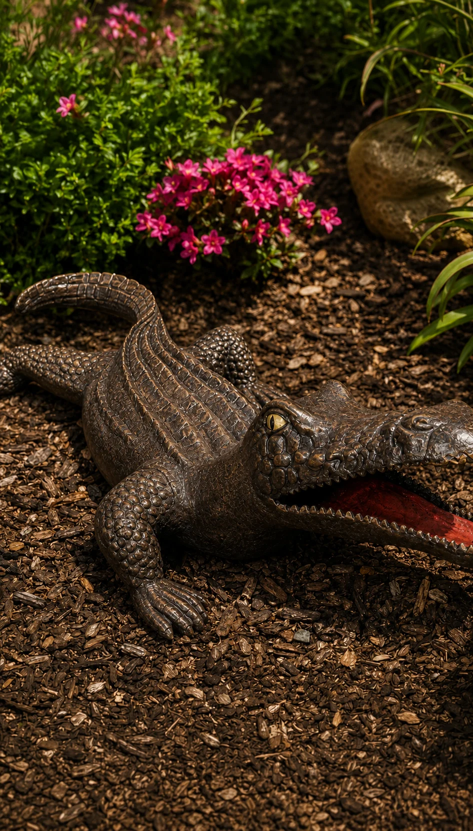 Flat Alligator Garden Statue in Antique Bronze hand-painted finish displayed in a landscaped outdoor setting