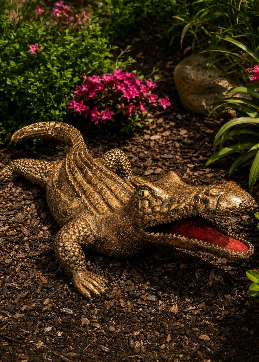 Flat Alligator Garden Statue in Antique Gold hand-painted finish displayed in a landscaped outdoor setting