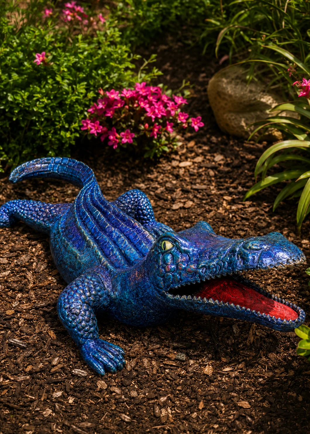 Flat Alligator Garden Statue in Coastal Blue hand-painted finish displayed in a landscaped outdoor setting