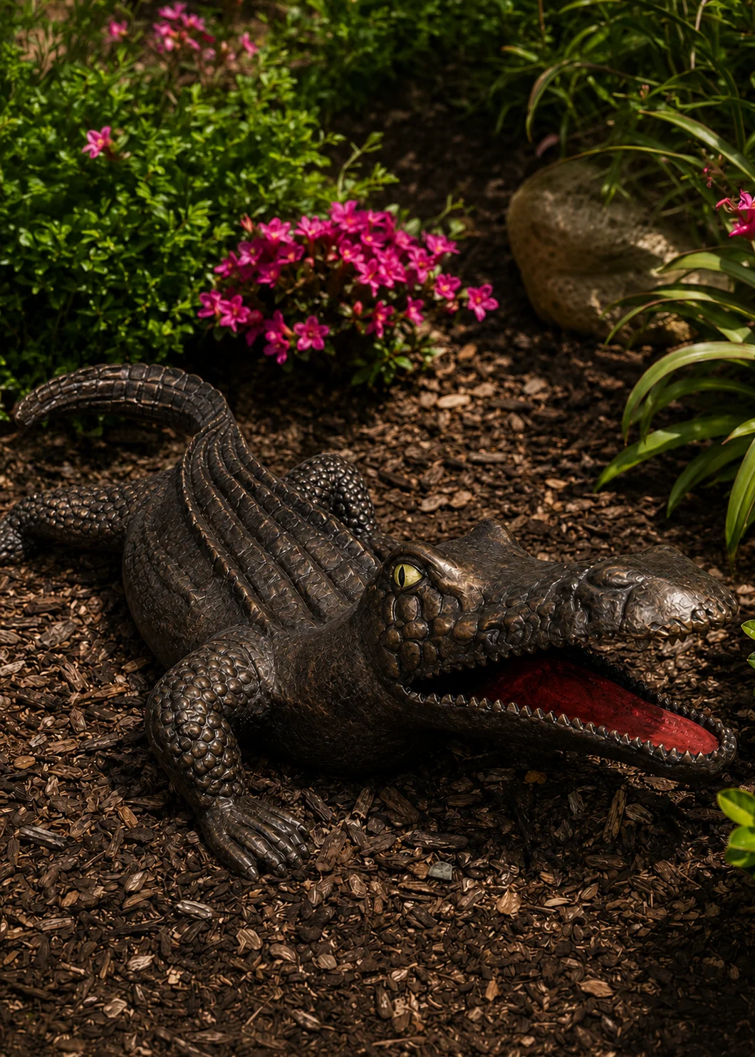 Flat Alligator Garden Statue in Dark Bronze hand-painted finish displayed in a landscaped outdoor setting