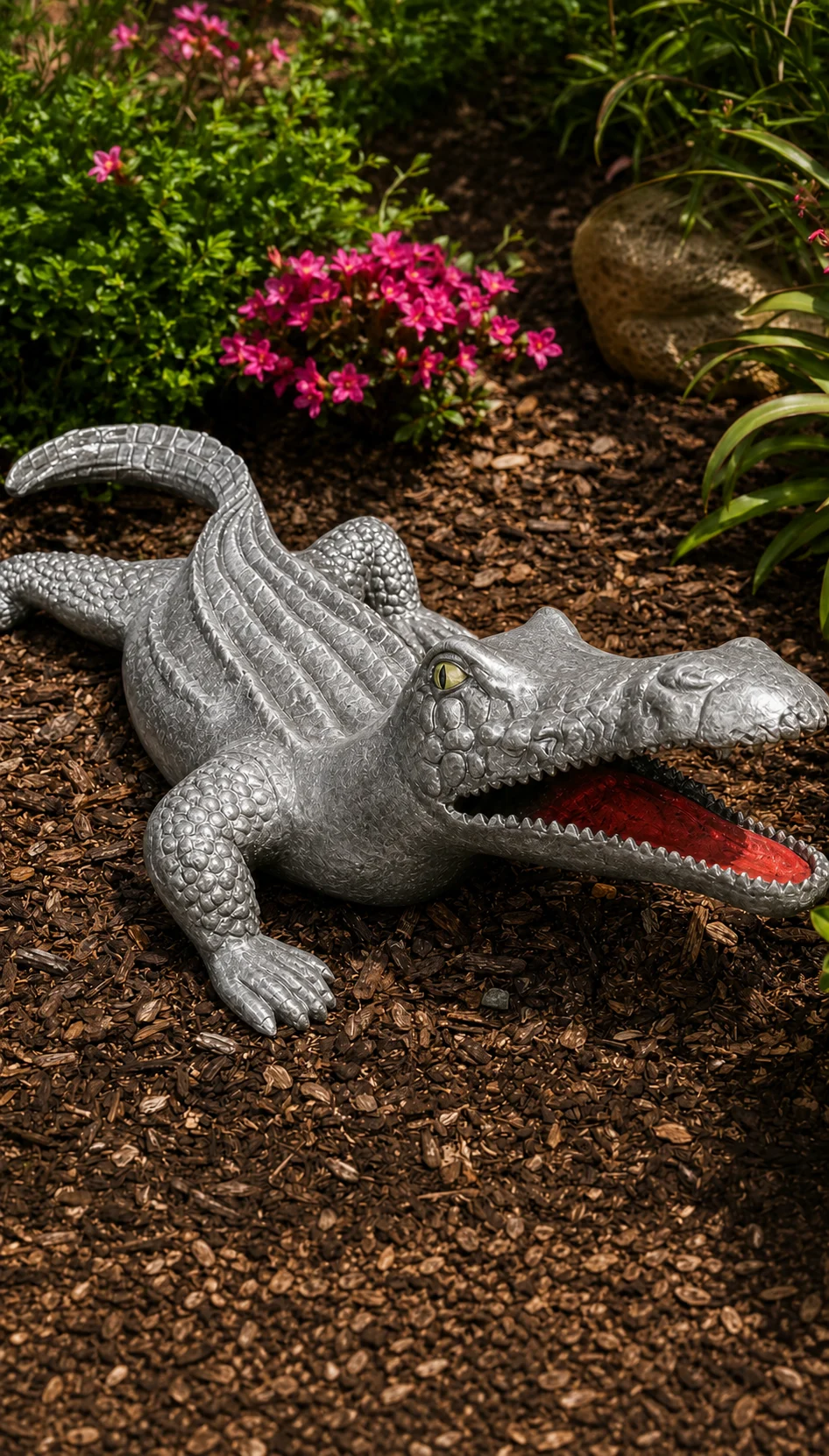 Flat Alligator Garden Statue in Silver Patina hand-painted finish displayed in a landscaped outdoor setting