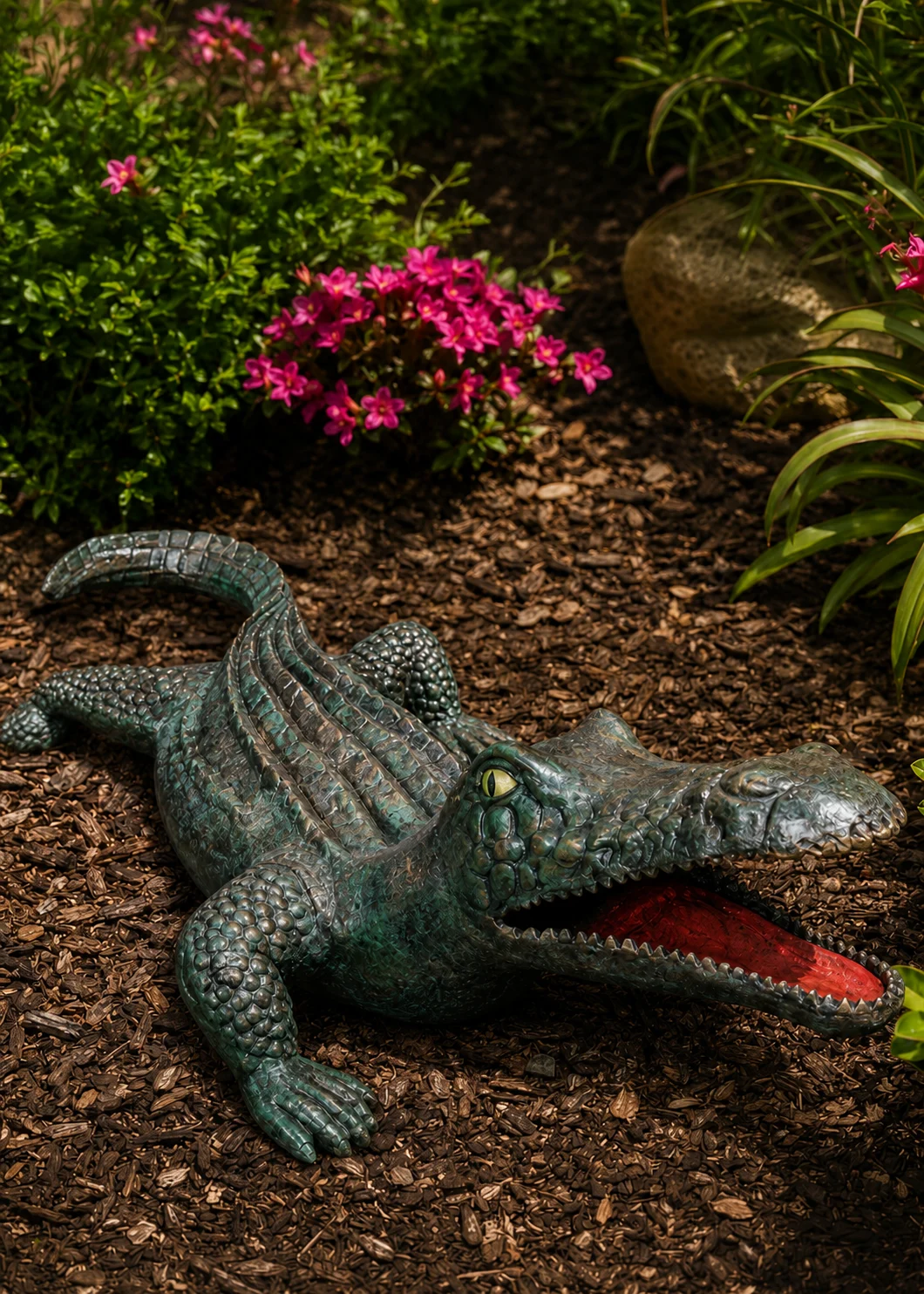 Flat Alligator Garden Statue in Verdigris Patina hand-painted finish displayed in a landscaped outdoor setting