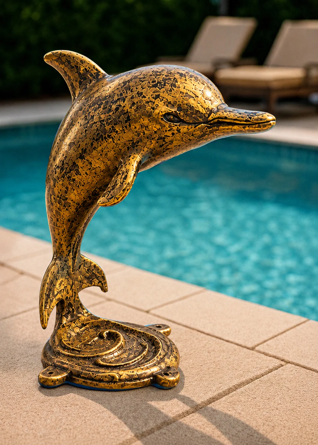 Antique Gold Dolphin Sculpture Near Pool Statues and Sculpture Shop