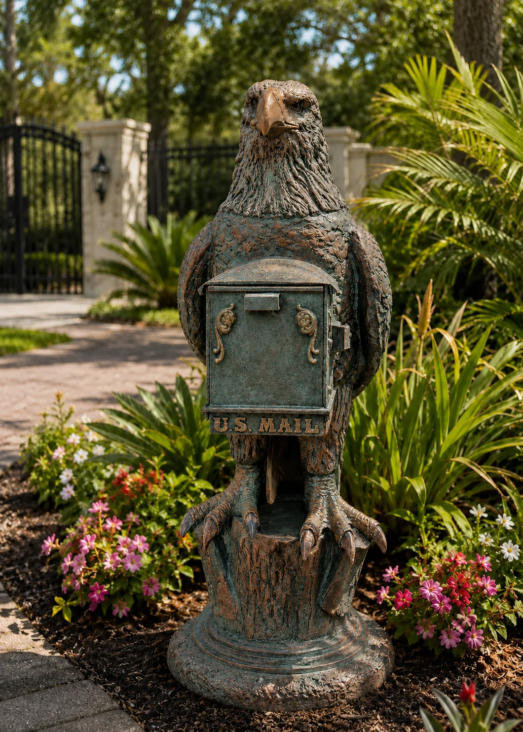 bald eagle mailbox sculpture in Aged Copper finish, hand-painted aluminum decorative aluminum mailbox statue