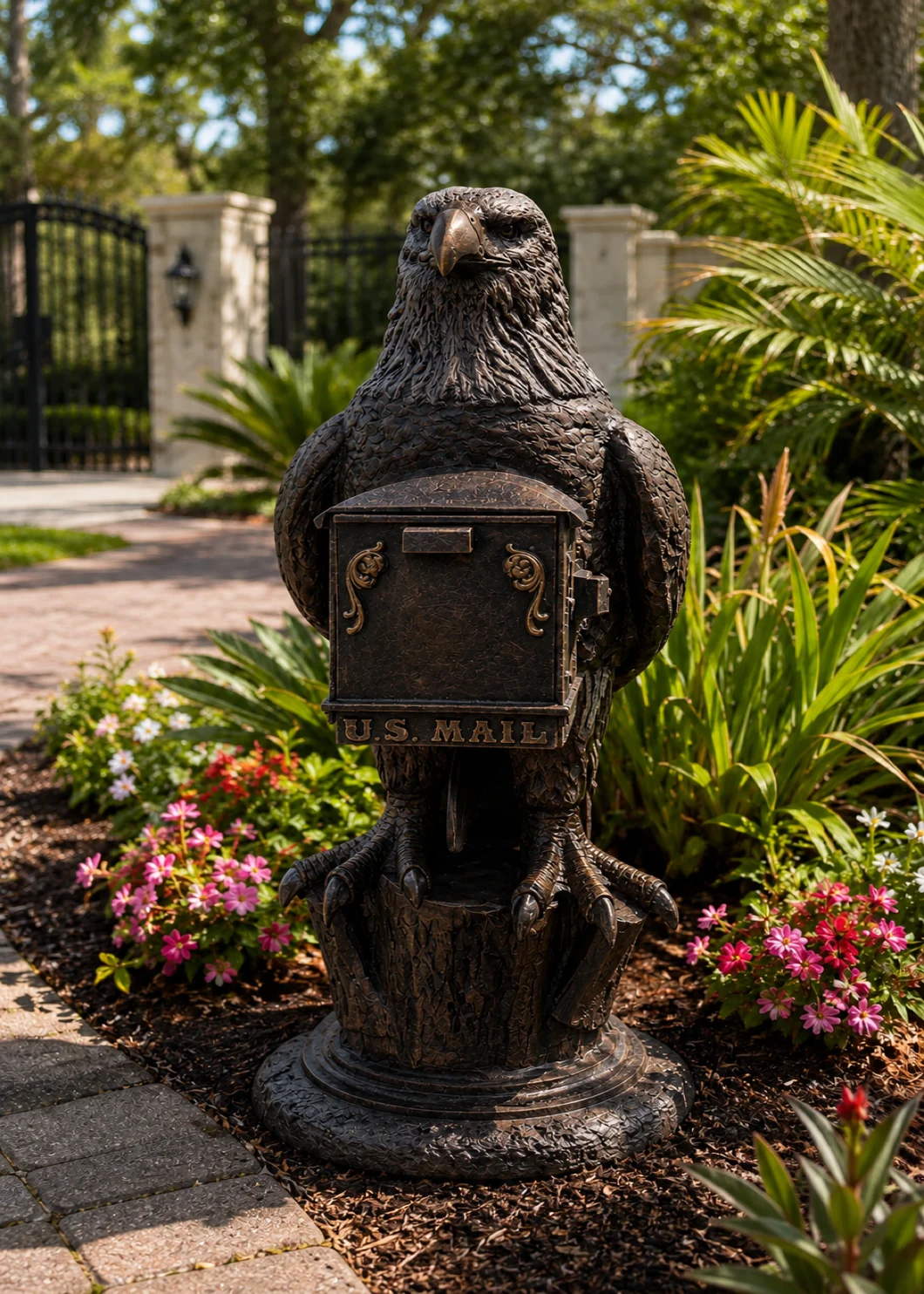 bald eagle mailbox sculpture in Antique Bronze finish, hand-painted aluminum decorative aluminum mailbox statue