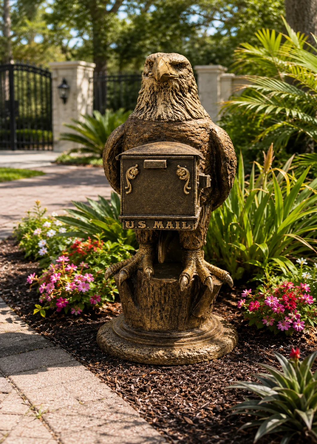 bald eagle mailbox sculpture in Antique Gold finish, hand-painted aluminum decorative aluminum mailbox statue