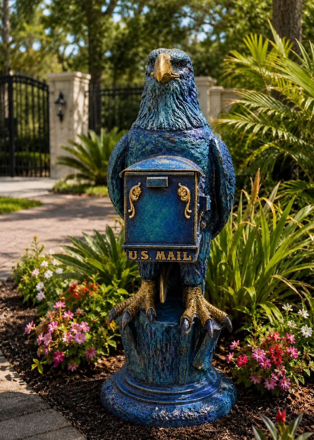 bald eagle mailbox sculpture in Coastal Blue finish, hand-painted aluminum decorative aluminum mailbox statue