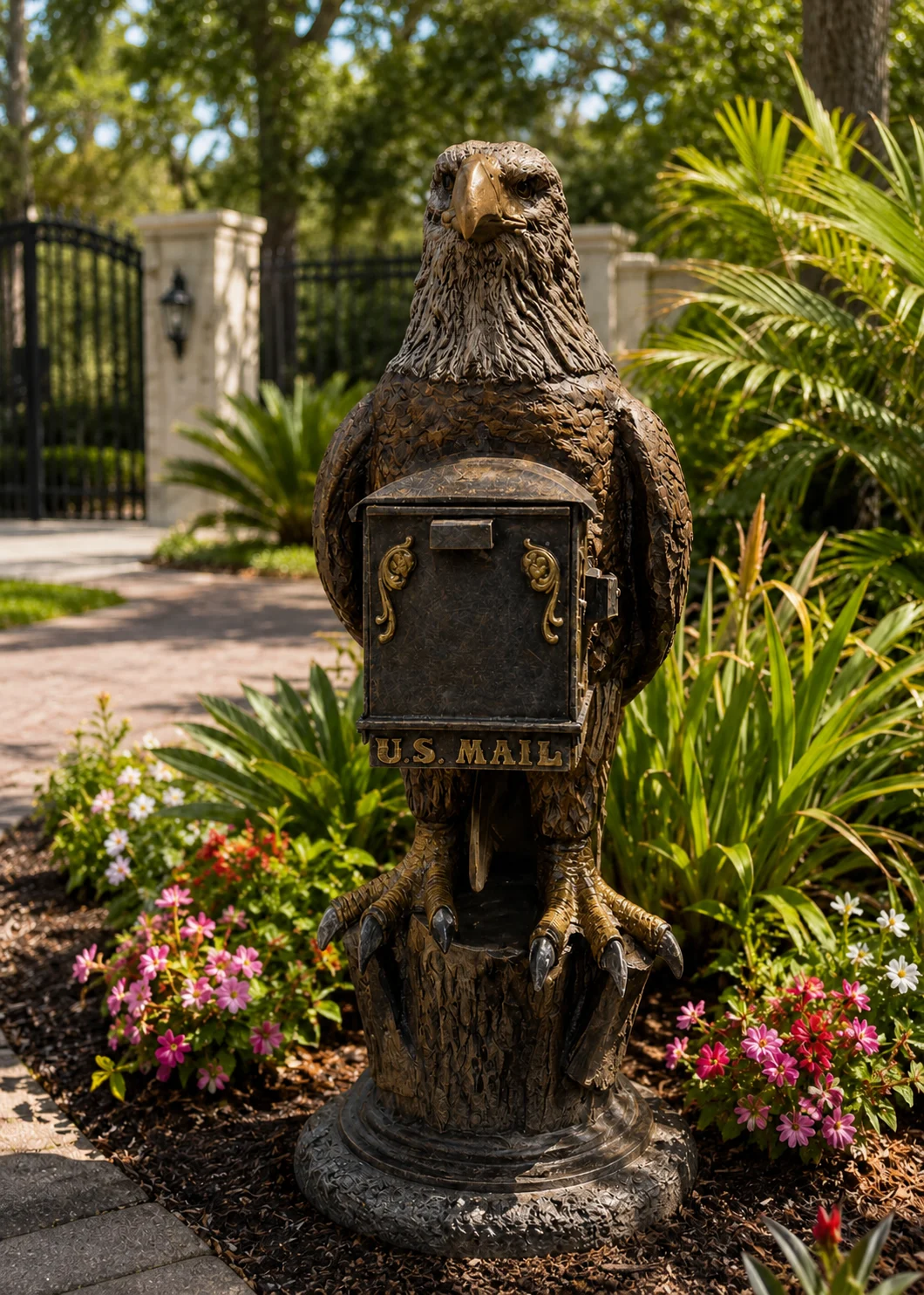 bald eagle mailbox sculpture in Dark Bronze finish, hand-painted aluminum decorative aluminum mailbox statue
