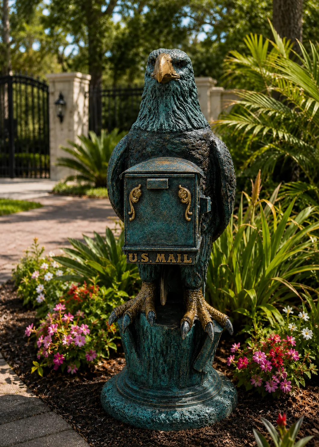 bald eagle mailbox sculpture in Ocean Patina finish, hand-painted aluminum decorative aluminum mailbox statue