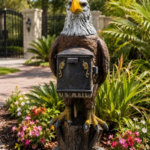 Bald Eagle Mailbox Sculpture hand-painted aluminum mailbox statue at a luxury garden entrance