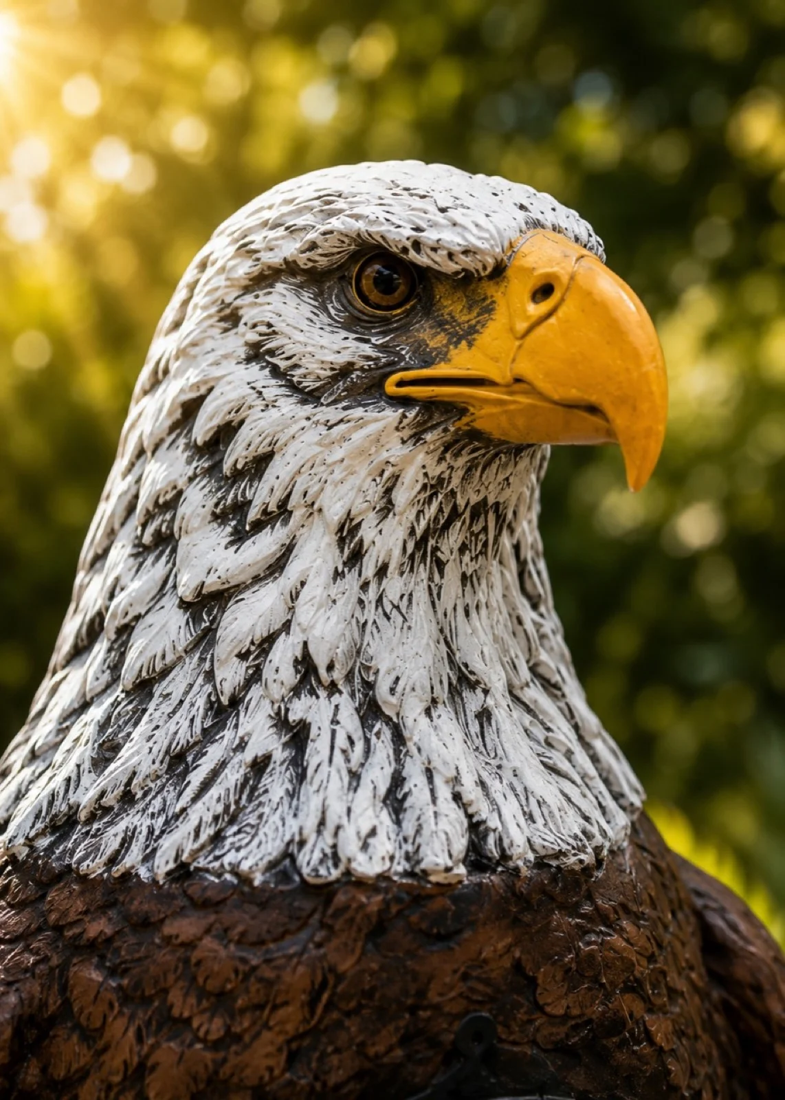 Close-up detail of hand-painted bald eagle head on aluminum mailbox sculpture
