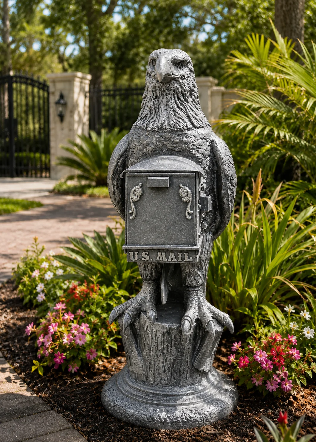 bald eagle mailbox sculpture in Silver Patina finish, hand-painted aluminum decorative aluminum mailbox statue