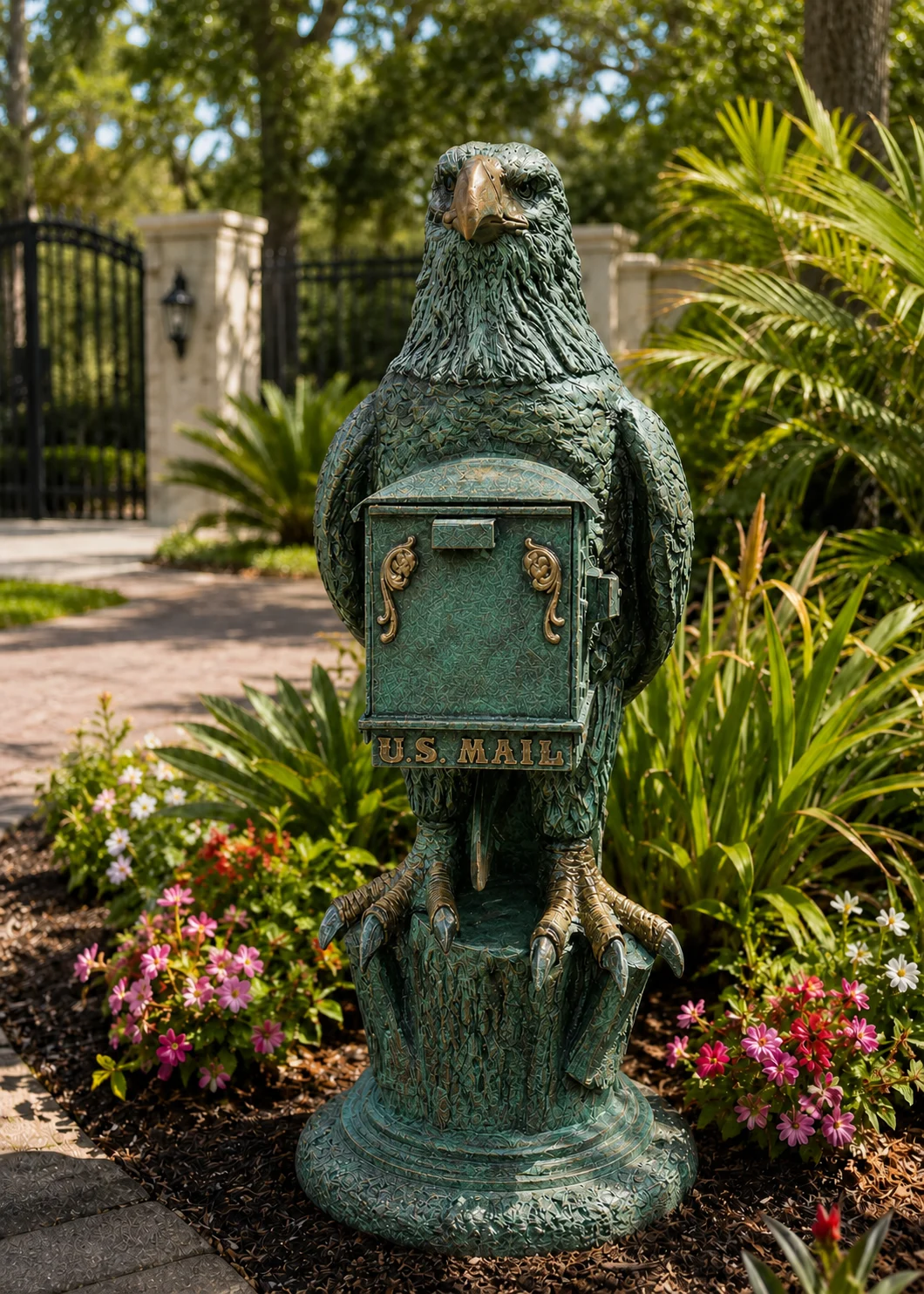 bald eagle mailbox sculpture in Verdigris Patina finish, hand-painted aluminum decorative aluminum mailbox statue