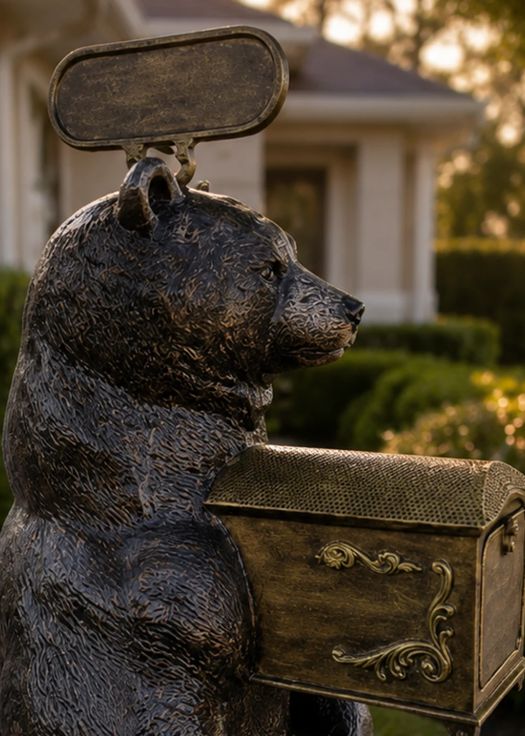 Bear mailbox statue in Aged Copper finish for outdoor driveway decor