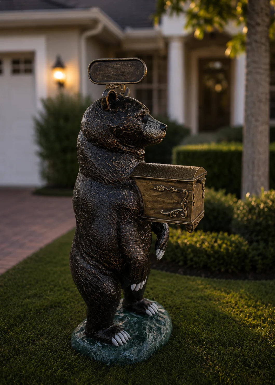 Bear mailbox statue in Antique Bronze finish for outdoor driveway decor