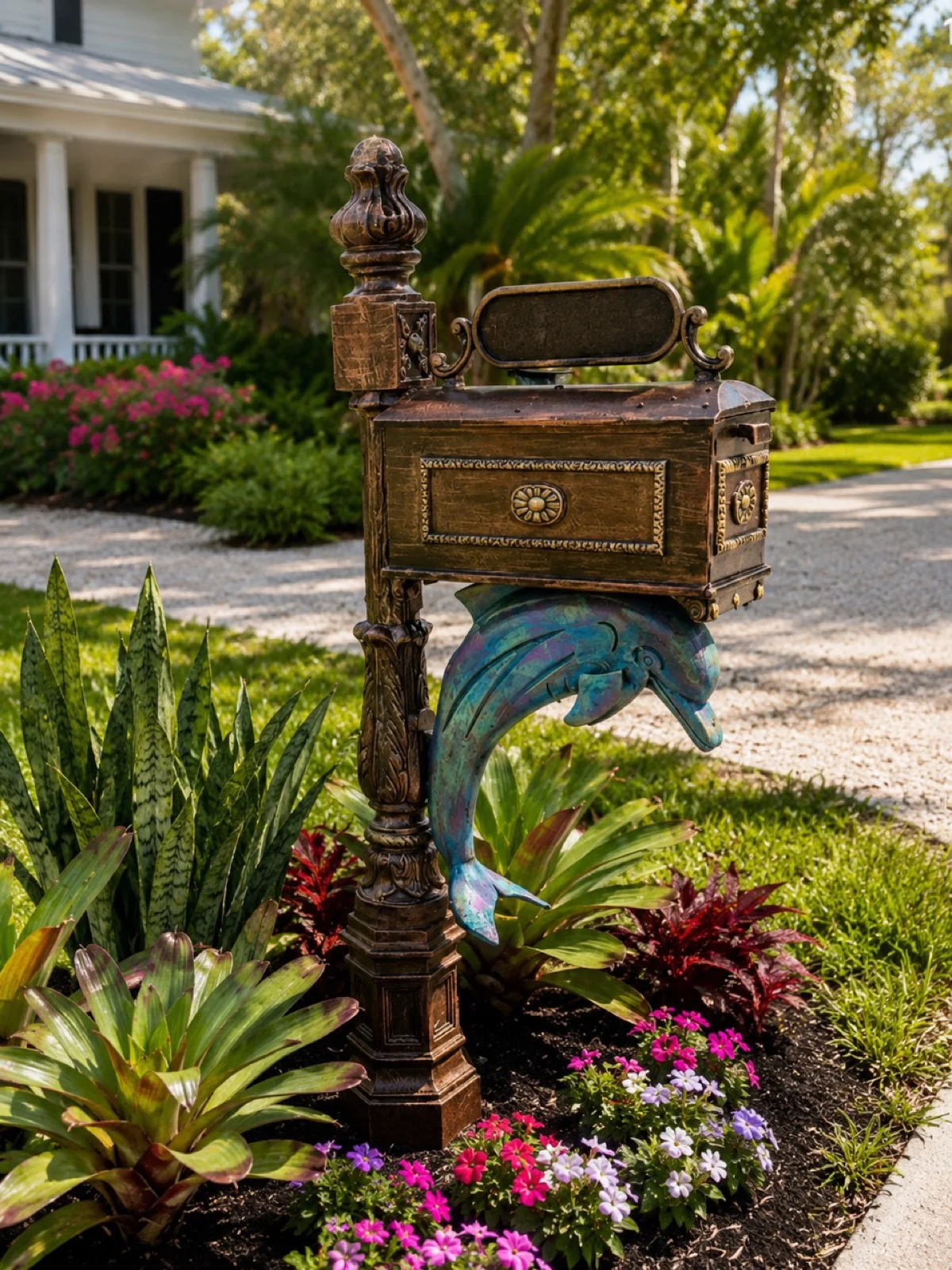 Coastal Dolphin Mailbox – Hand-Painted Aluminum Mailbox Sculpture