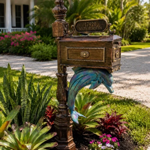 Coastal Dolphin Mailbox Statue hand-painted aluminum mailbox sculpture for a beach home entrance