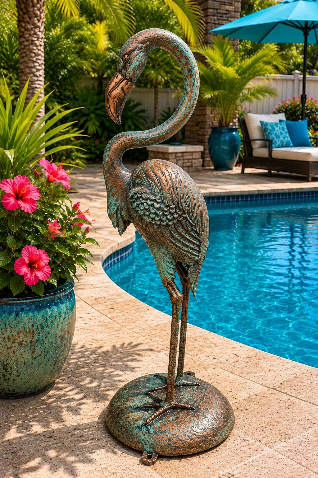Custom flamingo statue hand-painted aluminum outdoor sculpture in Aged Copper finish