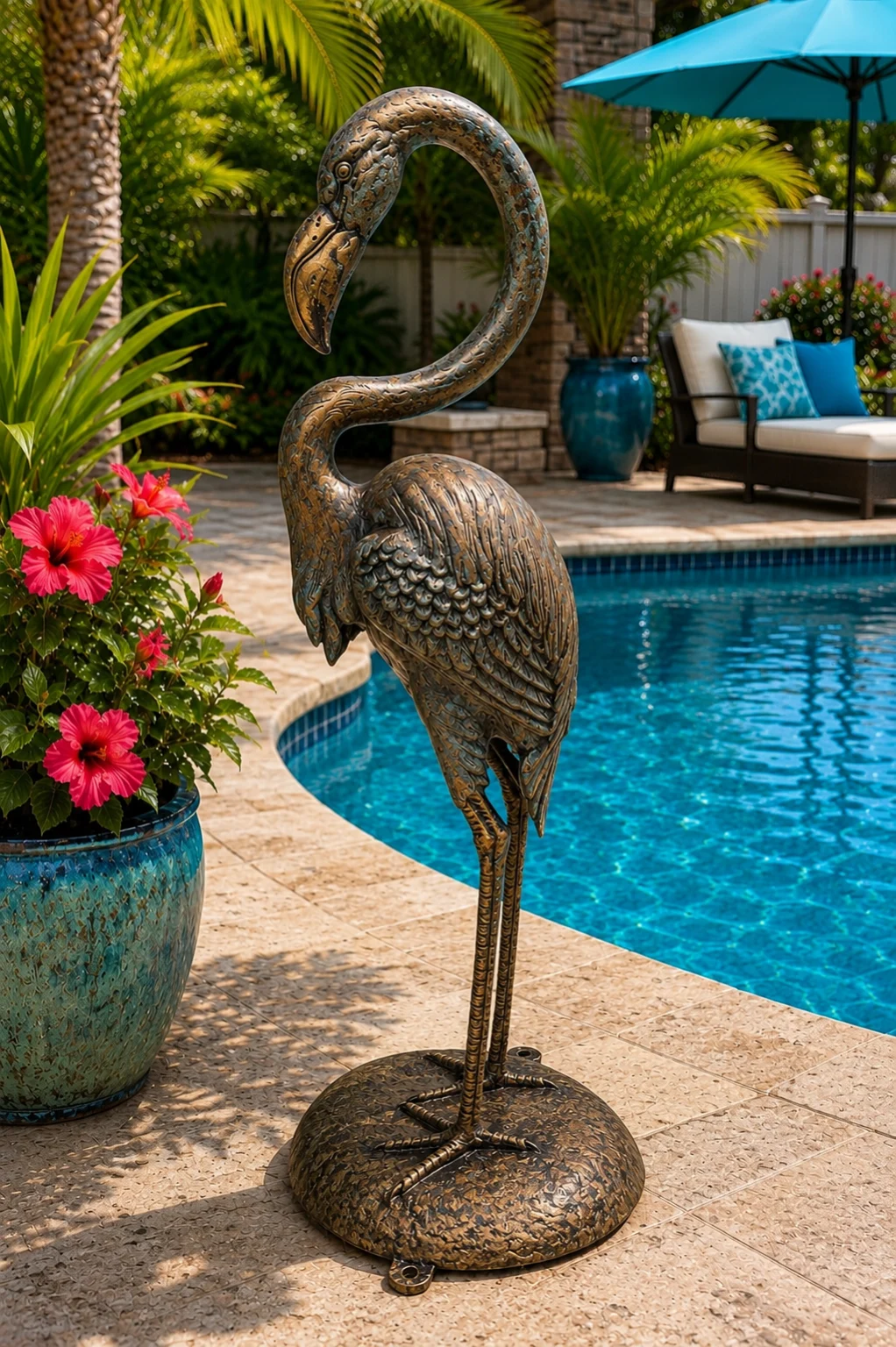 Custom flamingo statue hand-painted aluminum outdoor sculpture in Antique Bronze finish