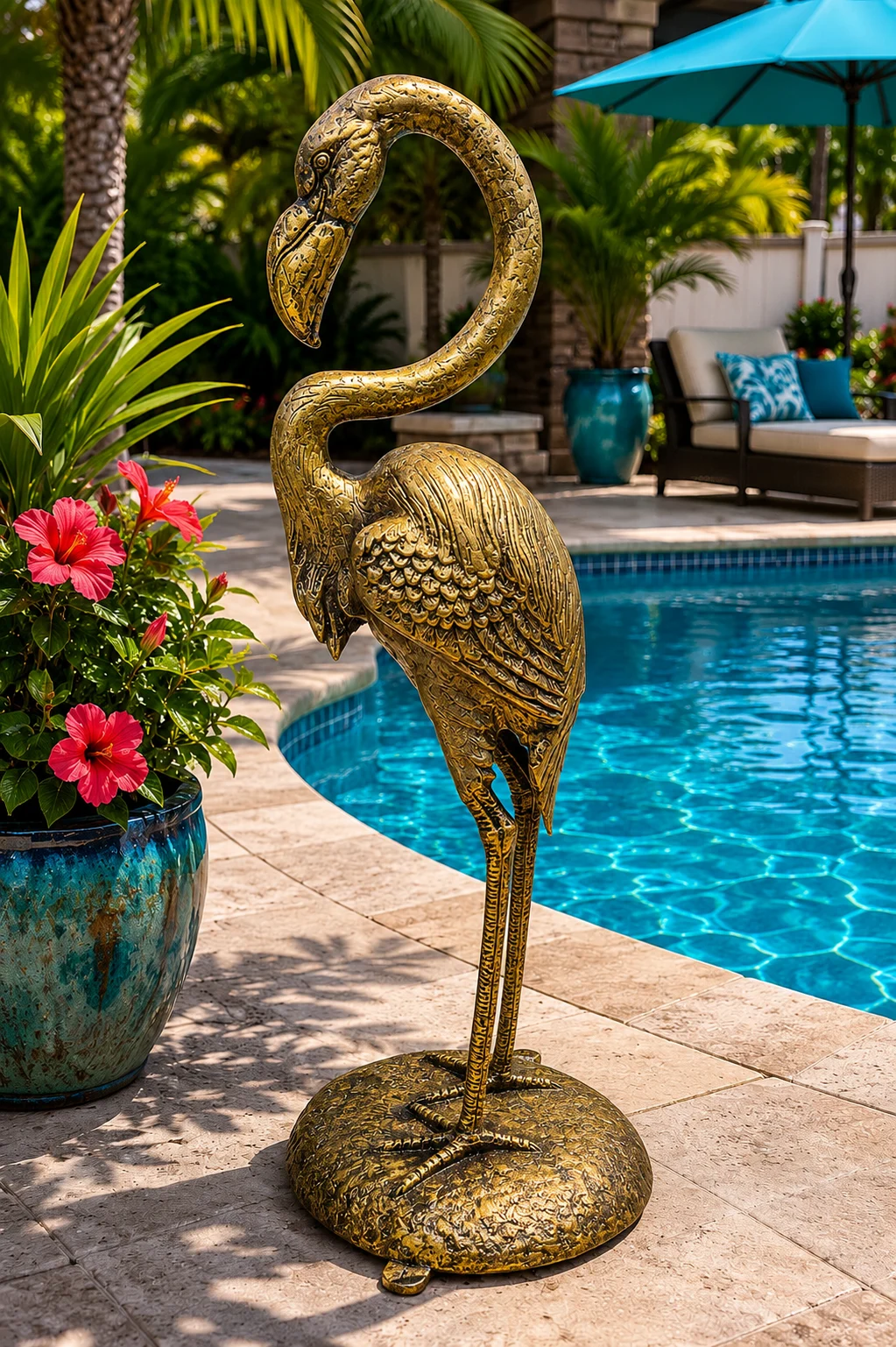 Custom flamingo statue hand-painted aluminum outdoor sculpture in Antique Gold finish
