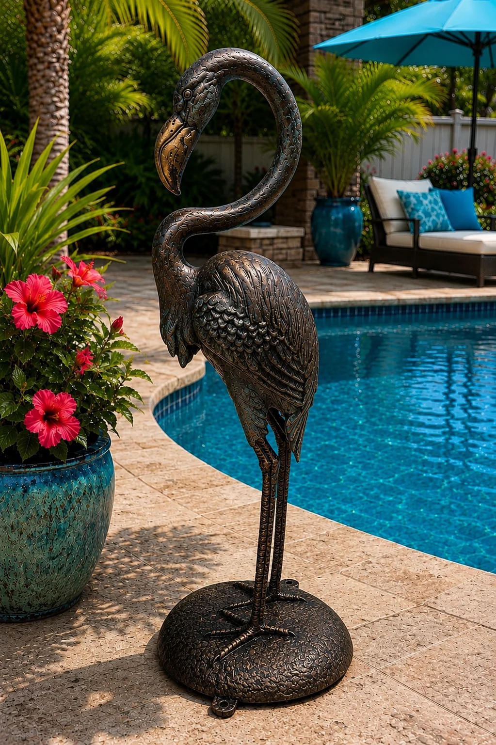 Custom flamingo statue hand-painted aluminum outdoor sculpture in Dark Bronze finish