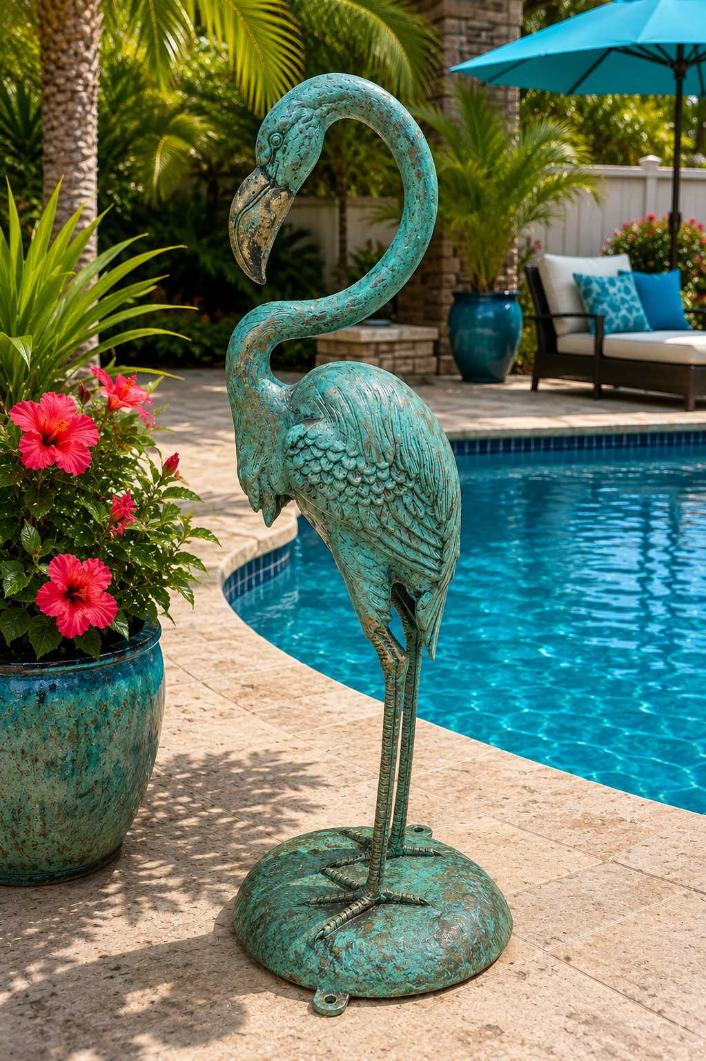 Custom flamingo statue hand-painted aluminum outdoor sculpture in Ocean Patina finish