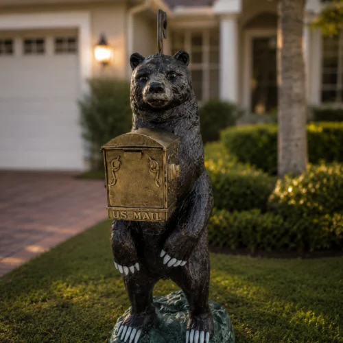 Decorative Bear Mailbox for Front Yard | Hand-Painted Aluminum Mailbox Sculpture