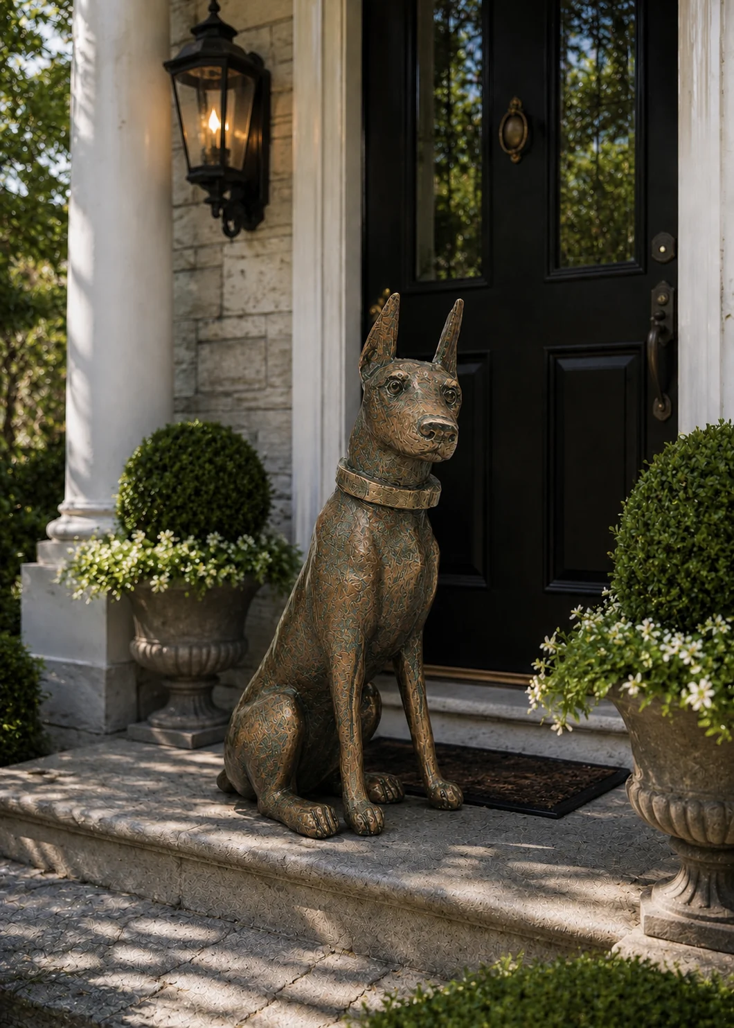 Doberman Dog Statue in Aged Copper finish at a luxury outdoor entryway