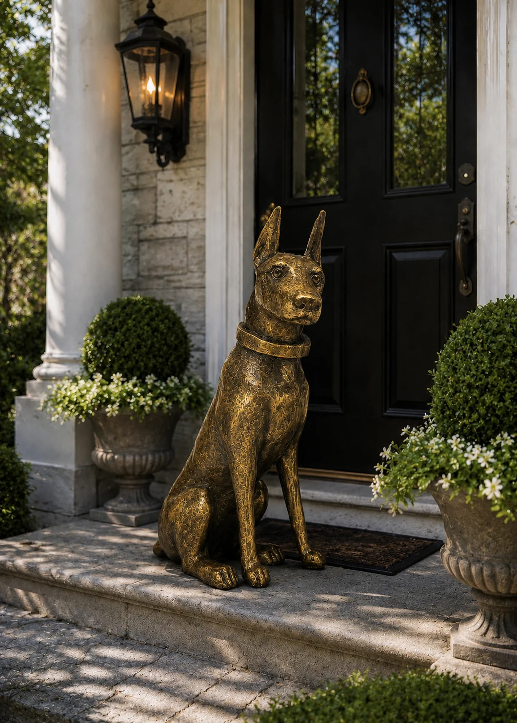 Doberman Dog Statue in Antique Gold finish at a luxury outdoor entryway