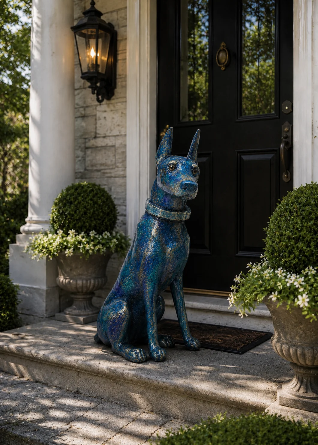 Doberman Dog Statue in Coastal Blue finish at a luxury outdoor entryway