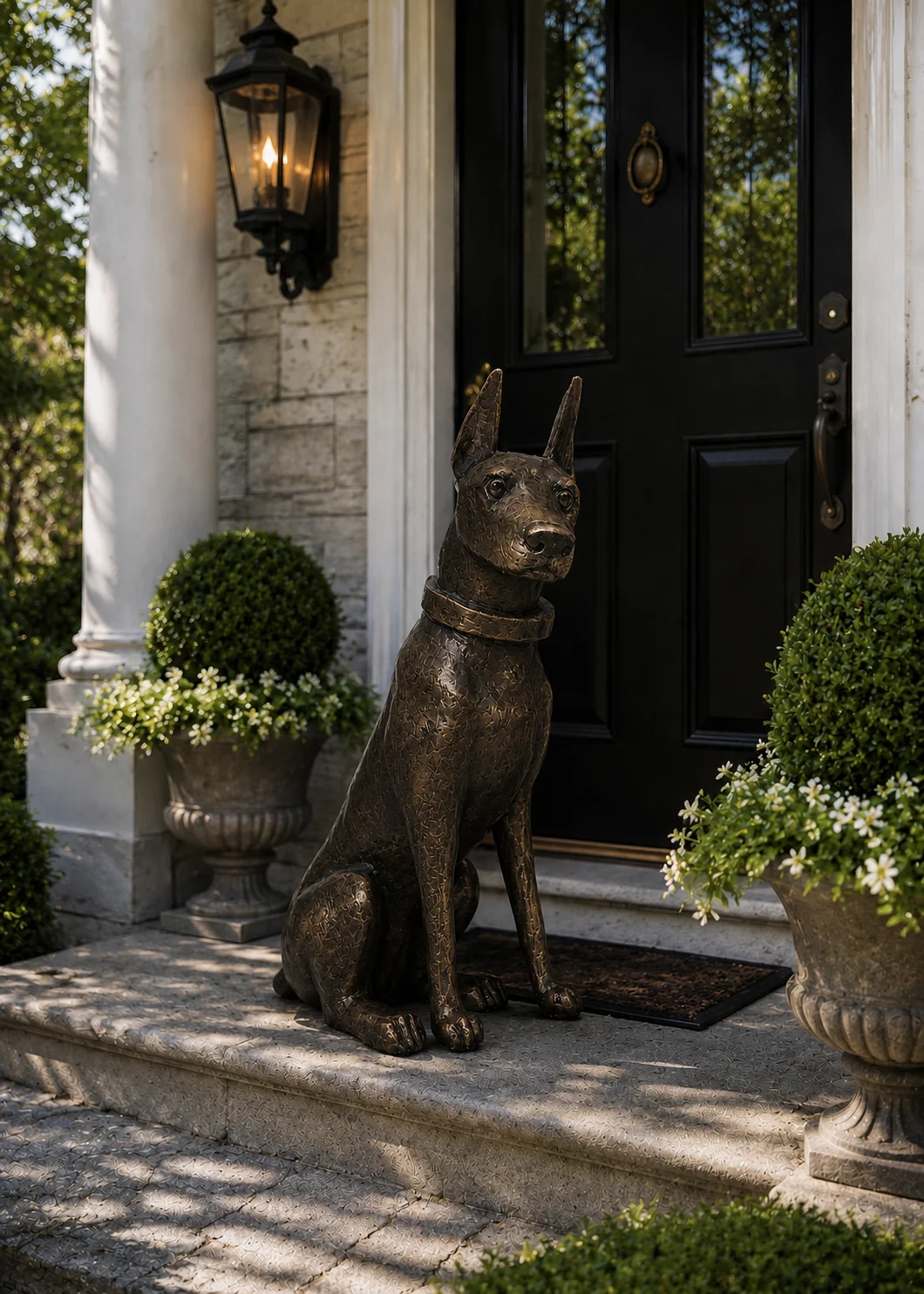 Doberman Dog Statue in Dark Bronze finish at a luxury outdoor entryway