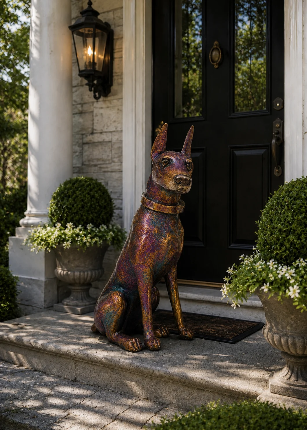 Doberman Dog Statue in Multi-Color Artisan finish at a luxury outdoor entryway