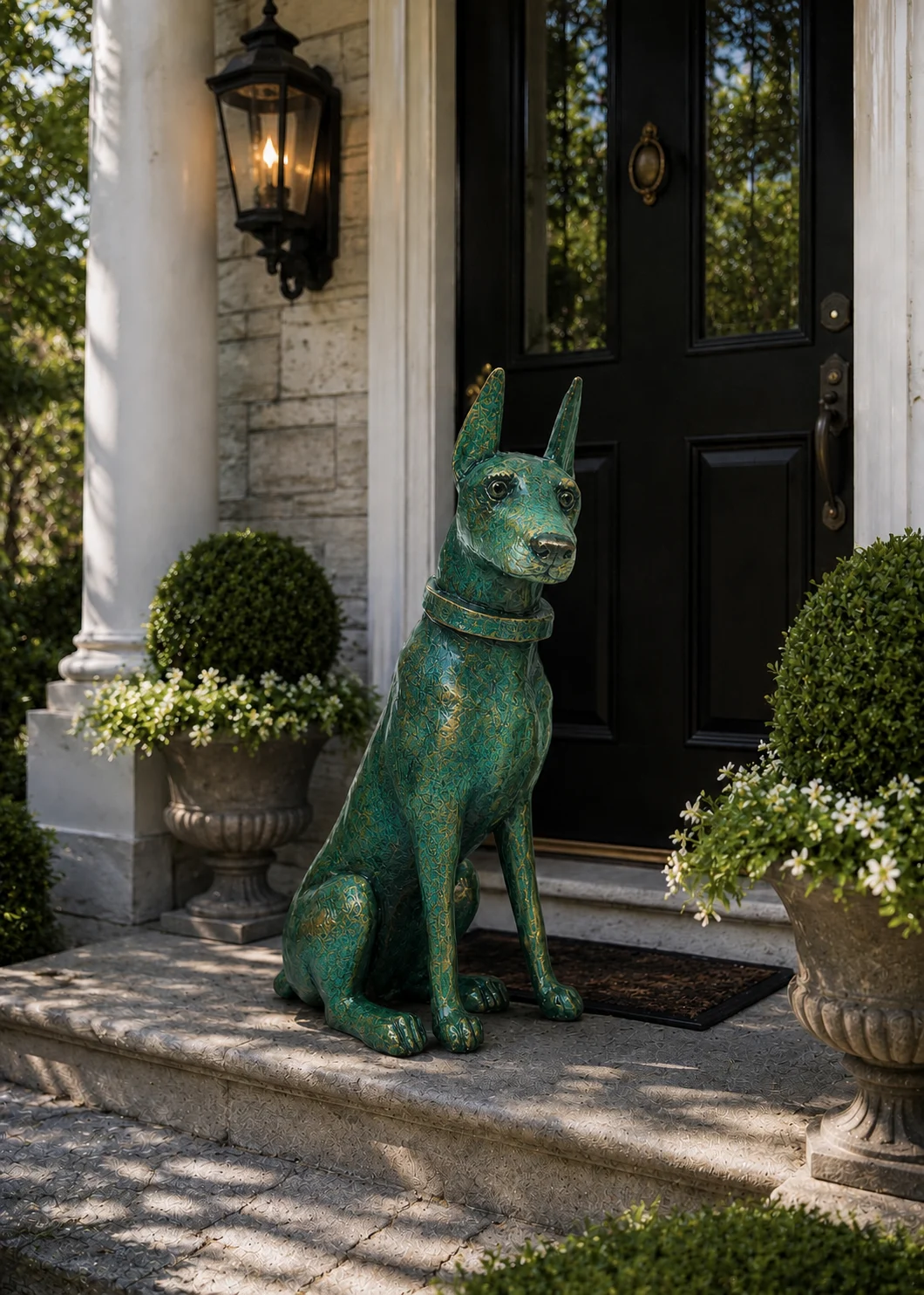 Doberman Dog Statue in Ocean Patina finish at a luxury outdoor entryway