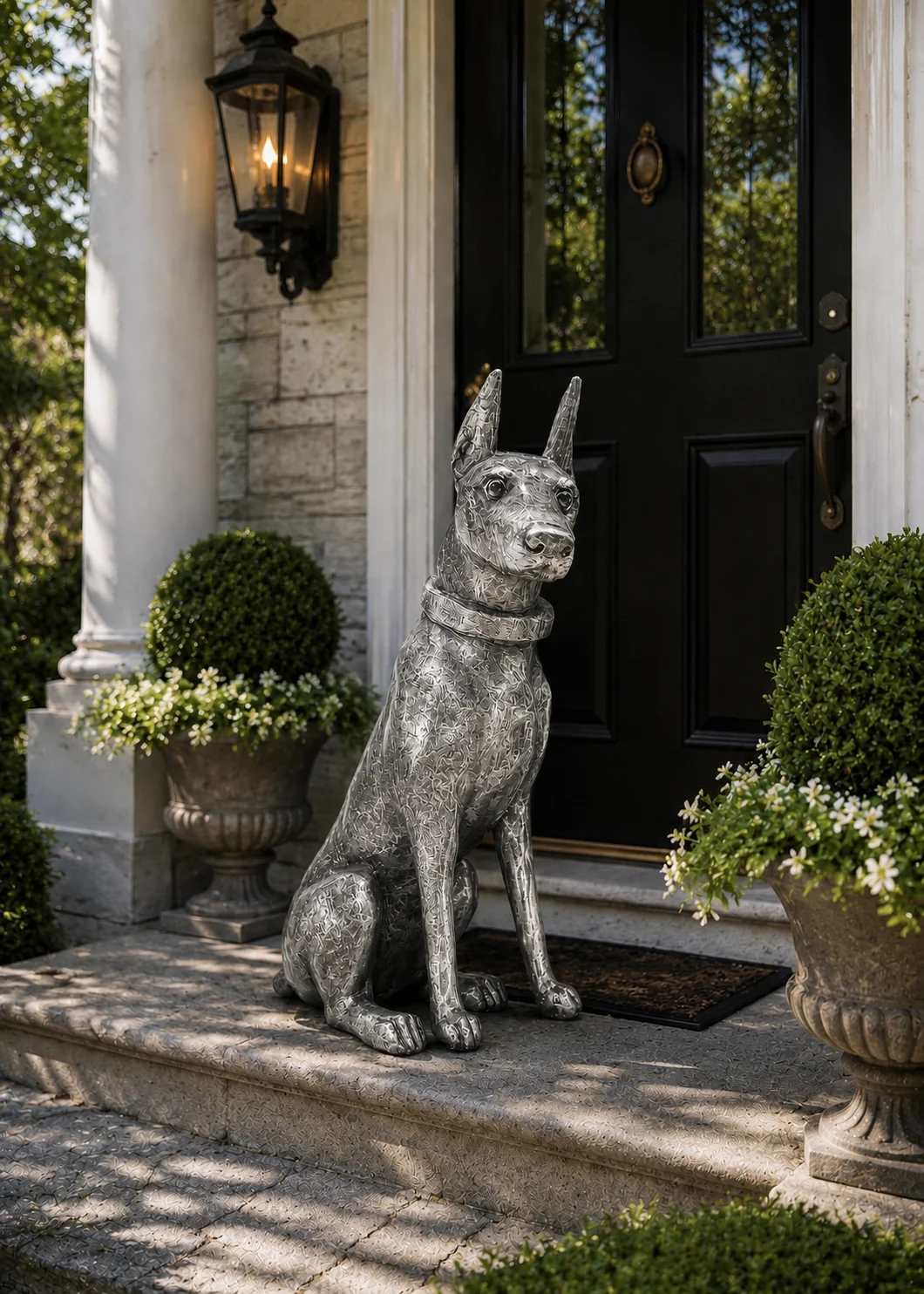 Doberman Dog Statue in Silver Patina finish at a luxury outdoor entryway
