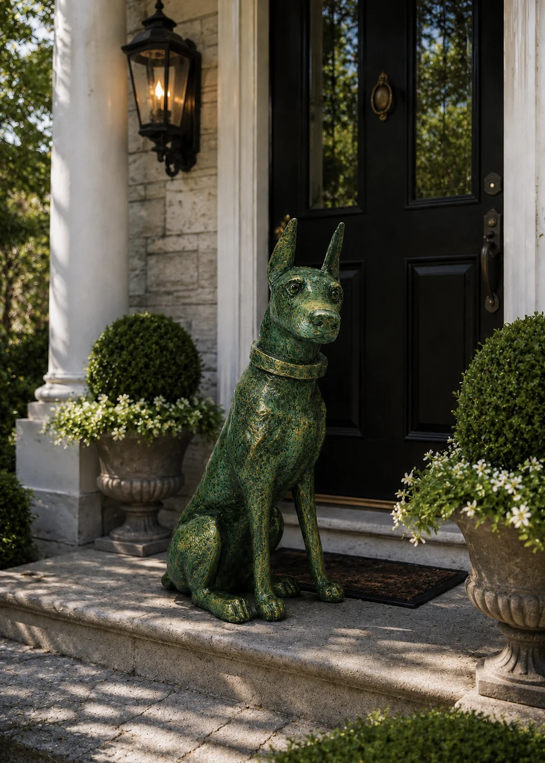 Doberman Dog Statue in Verdigris Patina finish at a luxury outdoor entryway