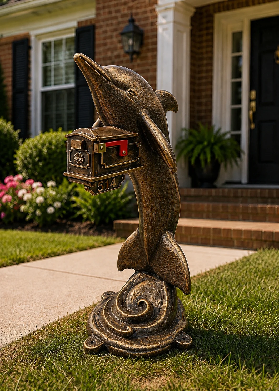 Antique Bronze Dolphin sculpture holding mailbox at Statues and Sculpture Shop