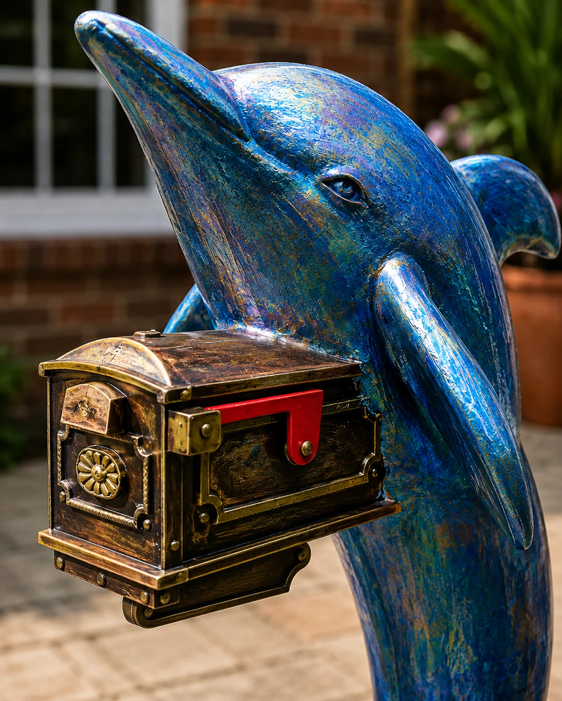 Dolphin sculpture holding mailbox at Statues and Sculpture Shop