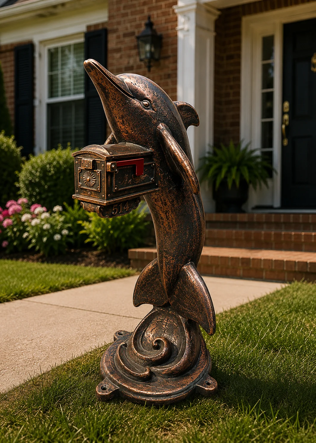 Aged Copper Dolphin sculpture holding mailbox at Statues and Sculpture Shop