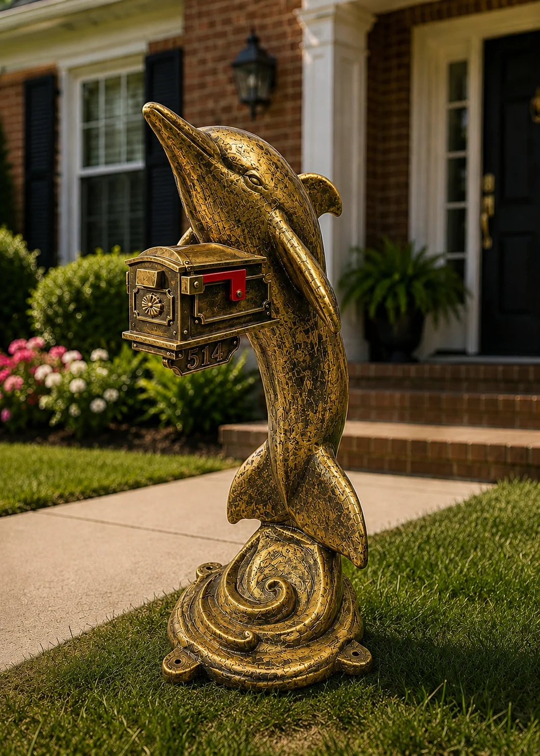 Antique Gold Dolphin sculpture holding mailbox at Statues and Sculpture Shop