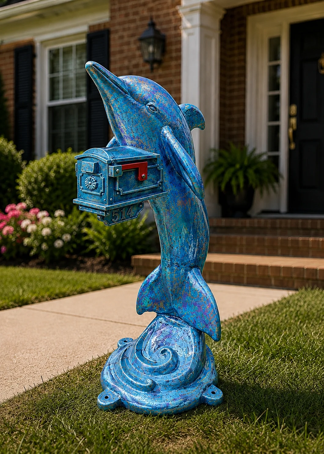 Coastal Blue Dolphin sculpture holding mailbox at Statues and Sculpture Shop